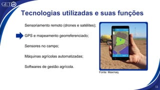 Fonte: Maxmaq
Sensoriamento remoto (drones e satélites);
GPS e mapeamento georreferenciado;
Sensores no campo;
Máquinas agrícolas automatizadas;
Softwares de gestão agrícola.
11
Tecnologias utilizadas e suas funções
 