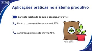 Correção localizada do solo e adubação variável:
17
Reduz o consumo de insumos em até 20%;
Aumenta a produtividade em 10 a 15%.
Aplicações práticas no sistema produtivo
Fonte: Canva
 