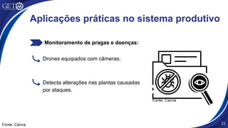 Monitoramento de pragas e doenças:
Fonte: Canva 21
Drones equipados com câmeras;
Detecta alterações nas plantas causadas
por ataques.
Aplicações práticas no sistema produtivo
Fonte: Canva
 