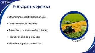 Maximizar a produtividade agrícola;
Otimizar o uso de insumos;
Aumentar o rendimento das culturas;
Reduzir custos de produção;
Minimizar impactos ambientais.
Principais objetivos
5
Fonte: guiadoagro
 