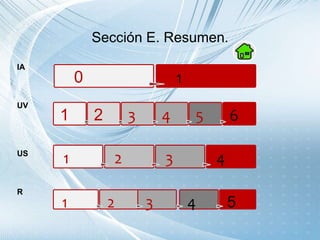 Sección E. Resumen.
0 1
1 2 3 4 5 6
1 2 3 4
1 2 3 4 5
IA
UV
US
R
 