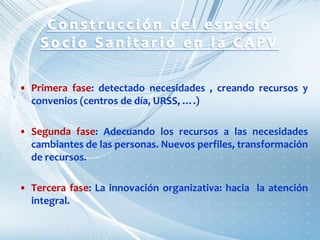 • Primera fase: detectado necesidades , creando recursos y
convenios (centros de día, URSS, ….)
• Segunda fase: Adecuando los recursos a las necesidades
cambiantes de las personas. Nuevos perfiles, transformación
de recursos.
• Tercera fase: La innovación organizativa: hacia la atención
integral.
 