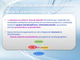 • La persona y su entorno foco de atención del sistema que responde a las
necesidades cambiantes de la persona de una manera proactiva y continuada
mediante equipos interdisciplinares –interinstitucionales que prestan
servicios presenciales y no presenciales
• Nuevas formas de organización en red e integración funcional de
PROVEEDORES .
Nuevos entornos sociosanitarios que operan en un área geográfica
EAPSS
DIPUTACIÓN
MUNICIPIOS
D. DE SALUD
OSI
 