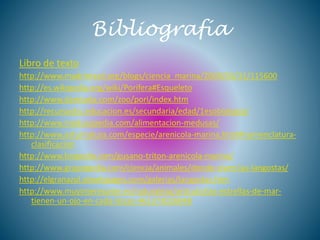 Bibliografía
Libro de texto
http://www.madrimasd.org/blogs/ciencia_marina/2009/03/31/115600
http://es.wikipedia.org/wiki/Porifera#Esqueleto
http://www.damisela.com/zoo/pori/index.htm
http://recursostic.educacion.es/secundaria/edad/1esobiologia/
http://www.medusapedia.com/alimentacion-medusas/
http://www.asturnatura.com/especie/arenicola-marina.html#nomenclatura-
clasificacion
http://www.biopedia.com/gusano-triton-arenicola-marina/
http://www.grupopedia.com/ciencia/animales/donde-viven-las-langostas/
http://elgranazul.atwebpages.com/galerias/langostas.htm
http://www.muyinteresante.es/naturaleza/articulo/las-estrellas-de-mar-
tienen-un-ojo-en-cada-brazo-461373026048
 