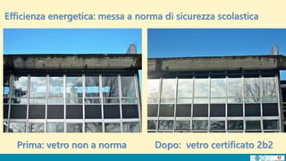 Efficienza energetica: messa a norma di sicurezza scolastica
Prima: vetro non a norma Dopo: vetro certificato 2b2
 