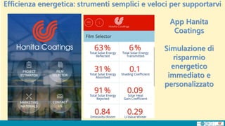 Efficienza energetica: strumenti semplici e veloci per supportarvi
App Hanita
Coatings
Simulazione di
risparmio
energetico
immediato e
personalizzato
 
