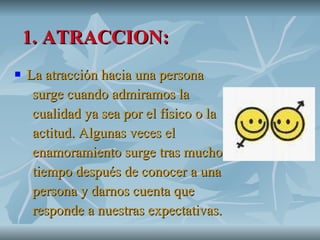 1. ATRACCION: <ul><li>La atracción hacia una persona  </li></ul><ul><li>surge cuando admiramos la  </li></ul><ul><li>cuali...