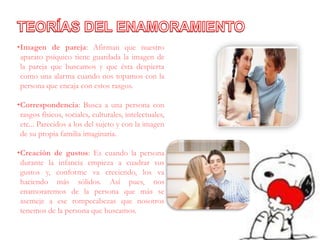 •Imagen de pareja: Afirman que nuestro
 aparato psíquico tiene guardada la imagen de
 la pareja que buscamos y que ésta despierta
 como una alarma cuando nos topamos con la
 persona que encaja con estos rasgos.

•Correspondencia: Busca a una persona con
 rasgos físicos, sociales, culturales, intelectuales,
 etc... Parecidos a los del sujeto y con la imagen
 de su propia familia imaginaria.

•Creación de gustos: Es cuando la persona
 durante la infancia empieza a cuadrar sus
 gustos y, conforme va creciendo, los va
 haciendo más sólidos. Así pues, nos
 enamoraremos de la persona que más se
 asemeje a ese rompecabezas que nosotros
 tenemos de la persona que buscamos.
 
