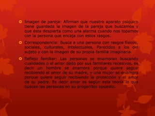  Imagen de pareja: Afirman que nuestro aparato psíquico
tiene guardada la imagen de la pareja que buscamos y
que ésta despierta como una alarma cuando nos topamos
con la persona que encaja con estos rasgos.
 Correspondencia: Busca a una persona con rasgos físicos,
sociales, culturales, intelectuales, Parecidos a los del
sujeto y con la imagen de su propia familia imaginaria.
 Reflejo familiar: Las personas se enamoran buscando
cualidades o el amor dado por sus familiares recesivos, es
decir un hombre se enamora porque quiere seguir
recibiendo el amor de su madre, y una mujer se enamora
porque quiere seguir recibiendo la protección y el amor
de su padre. Es decir amor es según esta teoría lo que
buscan las personas en su progenitor opuesto.
 