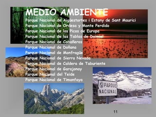 11
MEDIO AMBIENTE
Parque Nacional de Aigüestortes i Estany de Sant Maurici
Parque Nacional de Ordesa y Monte Perdido
Parque Nacional de los Picos de Europa
Parque Nacional de las Tablas de Daimiel
Parque Nacional de Cabañeros
Parque Nacional de Doñana
Parque Nacional de Monfragüe
Parque Nacional de Sierra Nevada
Parque Nacional de Caldera de Taburiente
Parque Nacional de Garajonay
Parque Nacional del Teide
Parque Nacional de Timanfaya
 