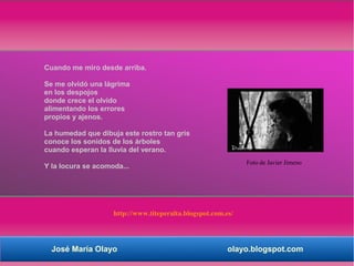 Cuando me miro desde arriba.

Se me olvidó una lágrima
en los despojos
donde crece el olvido
alimentando los errores
propios y ajenos.

La humedad que dibuja este rostro tan gris
conoce los sonidos de los árboles
cuando esperan la lluvia del verano.
                                                              Foto de Javier Jimeno
Y la locura se acomoda...




                    http://www.titeperalta.blogspot.com.es/




  José María Olayo                                       olayo.blogspot.com
 