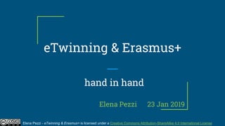 eTwinning & Erasmus+
hand in hand
Elena Pezzi 23 Jan 2019
Elena Pezzi - eTwinning & Erasmus+ is licensed under a Creative ...
