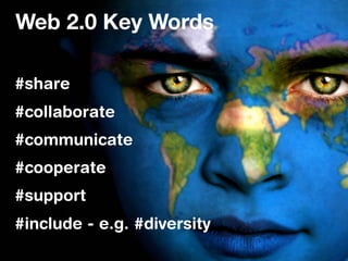 Web 2.0 Key Words

#share
#collaborate
#communicate
#cooperate
#support
#include - e.g. #diversity
 