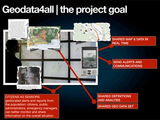 Geodata4all | the project goal

                                              SHARED MAP & DATA IN
                                              REAL TIME




                                               SEND ALERTS AND
                                               COMMUNICATIONS




CITIZENS AS SENSORS                    SHARED DEFINITIONS
geolocated alerts and reports from     AND ANALYSIS
the population; citizens, public
                                       SHARED GEO DATA SET
administrators, emergency managers
can better monitor and share
information on the overall situation
 
