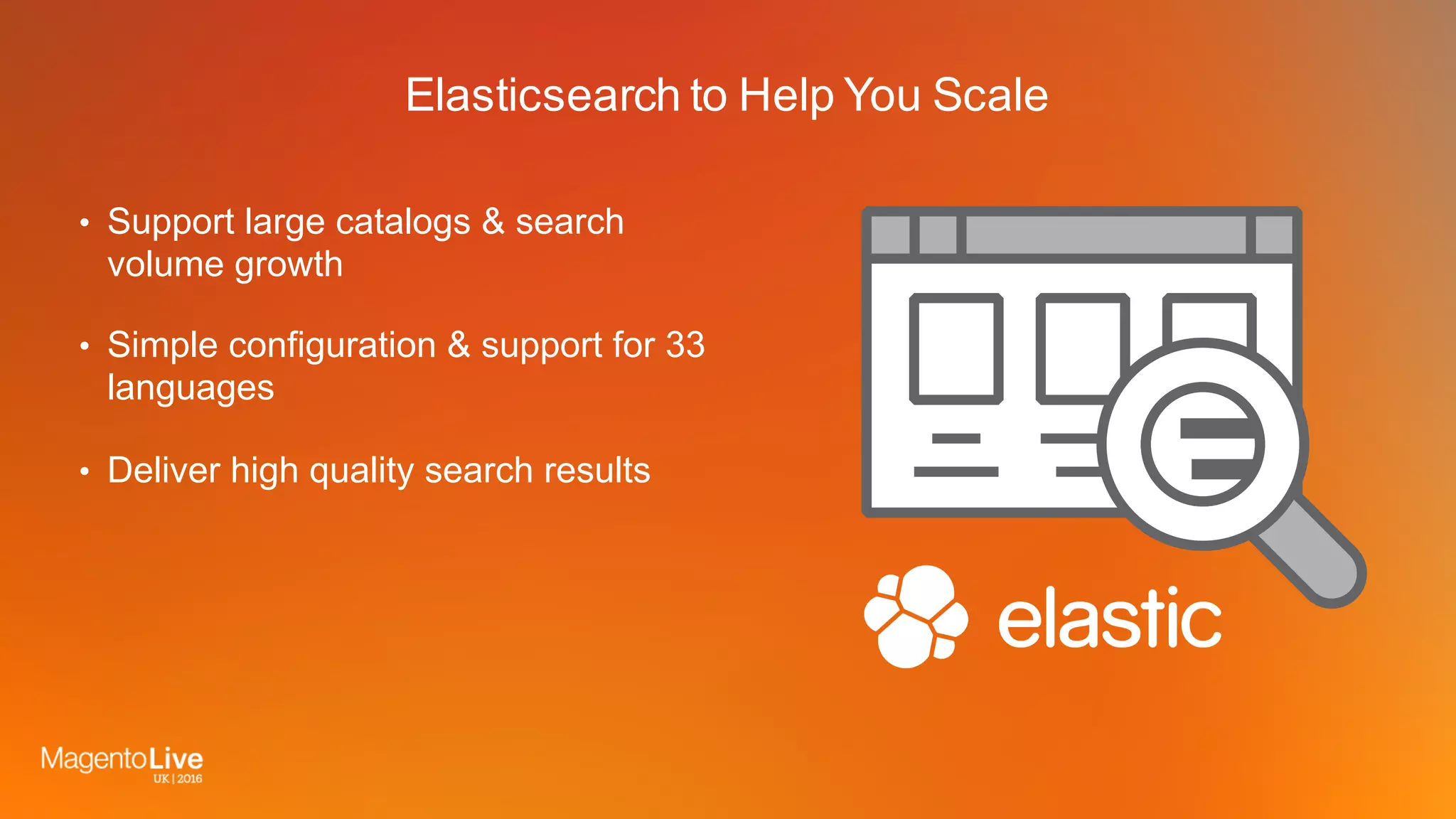 Elasticsearch to Help You Scale
• Support large catalogs & search
volume growth
• Simple configuration & support for 33
languages
• Deliver high quality search results
 