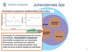 36
Juhendamata õpe
Tehisintellekt
Reeglitel
põhinev
Masinõpe
Juhendamata
masinõpe
Juhendatud
masinõpe
Stiimulõpe
Anomaalia tuvastamine akadeemilistes tulemustes
Anomaalia on seaduspärasusest või normist
kõrvalekalle. Anomaaliate tuvastamine
(või erindite tuvastamine) on ootamatute
fenomenide, sündmuste või vaatluste
tuvastamine, mis äratavad kahtlust, sest
need erinevad oluliselt ülejäänud andmetest
 