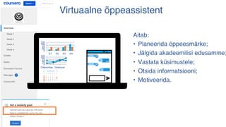 Virtuaalne õppeassistent
0
25
50
75
100
125
K1 K2 K3 K4
0
25
50
75
100
125
Detsember Veebruar
x
Aitab:
• Planeerida õppeesmärke;
• Jälgida akadeemilisi edusamme;
• Vastata küsimustele;
• Otsida informatsiooni;
• Motiveerida.
 