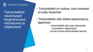 53
Tehisintellekti
rakendused
kõrghariduses:
võimalused ja
väljakutsed
• Tehisintellekt on nutikas, kuid inimesed
on palju targemad
• Tehisintellekt võib aidata õpetamisel ja
õppimisel:
- tehisintellekti abil saab lahendada
harduslikke väljakutseid
- harida inimesi tehisintellekti teemal
 