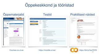 66
Õppekeskkond ja tööristad
Courses.cs.ut.ee
Õppematerjalid Testid Praktilised näided
https://bit.ly/3oxTD76
https://moodle.ut.ee/
 