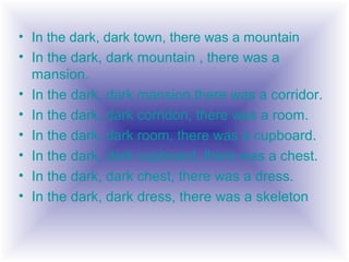 • In the dark, dark town, there was a mountain
• In the dark, dark mountain , there was a
  mansion.
• In the dark, dark mansion,there was a corridor.
• In the dark, dark corridon, there was a room.
• In the dark, dark room, there was a cupboard.
• In the dark, dark cupboard, there was a chest.
• In the dark, dark chest, there was a dress.
• In the dark, dark dress, there was a skeleton
 