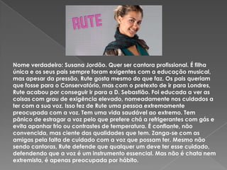 Nome verdadeiro: Susana Jordão. Quer ser cantora profissional. É filha única e os seus pais sempre foram exigentes com a educação musical, mas apesar da pressão, Rute gosta mesmo do que faz. Os pais queriam que fosse para o Conservatório, mas com o pretexto de ir para Londres, Rute acabou por conseguir ir para a D. Sebastião. Foi educada a ver as coisas com grau de exigência elevado, nomeadamente nos cuidados a ter com a sua voz. Isso fez de Rute uma pessoa extremamente preocupada com a voz. Tem uma vida saudável ao extremo. Tem pânico de estragar a voz pelo que prefere chá a refrigerantes com gás e evita apanhar frio ou contrastes de temperatura. É confiante, não convencida, mas ciente das qualidades que tem. Zanga-se com as amigas pela falta de cuidado com a voz que possam ter. Mesmo não sendo cantoras, Rute defende que qualquer um deve ter esse cuidado, defendendo que a voz é um instrumento essencial. Mas não é chata nem extremista, é apenas preocupada por hábito.