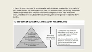 La fuerza de una orientación de la empresa hacia el cliente descansa también en el grado en
que conoce quiénes son sus competidores clave y la evolución de sus fortalezas y debilidades.
Este hecho permite que las empresas conozcan su competitividad en áreas tales como
precio,calidad del producto,disponibilidad,servicios y satisfacción general y específica de los
clientes.
 