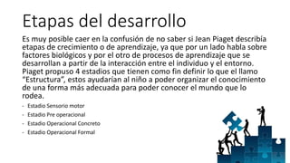Etapas del desarrollo
Es muy posible caer en la confusión de no saber si Jean Piaget describía
etapas de crecimiento o de aprendizaje, ya que por un lado habla sobre
factores biológicos y por el otro de procesos de aprendizaje que se
desarrollan a partir de la interacción entre el individuo y el entorno.
Piaget propuso 4 estadios que tienen como fin definir lo que el llamo
“Estructura”, estos ayudarían al niño a poder organizar el conocimiento
de una forma más adecuada para poder conocer el mundo que lo
rodea.
- Estadio Sensorio motor
- Estadio Pre operacional
- Estadio Operacional Concreto
- Estadio Operacional Formal
 