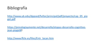 Bibliografía
http://www.ub.edu/dppsed/fvillar/principal/pdf/proyecto/cap_05_pia
get.pdf
https://psicologiaymente.net/desarrollo/etapas-desarrollo-cognitivo-
jean-piaget#!
http://www.ffcle.es/files/Entr_lacan.htm
 