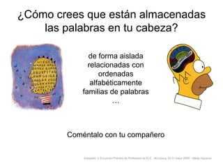 ¿Cómo crees que están almacenadas
las palabras en tu cabeza?
de forma aislada
relacionadas con
ordenadas
alfabéticamente
familias de palabras
…

Coméntalo con tu compañero
Adaptado: V Encuentro Práctico de Profesores de ELE - Wurzburg. 30-31 mayo 2008 – Marta Higueras

 