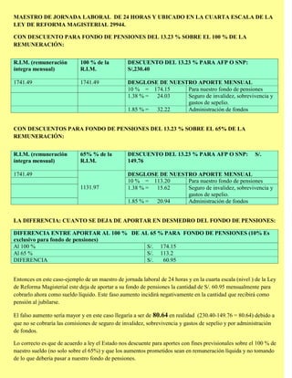 MAESTRO DE JORNADA LABORAL DE 24 HORAS Y UBICADO EN LA CUARTA ESCALA DE LA
LEY DE REFORMA MAGISTERIAL 29944.

CON DESCUENTO PARA FONDO DE PENSIONES DEL 13.23 % SOBRE EL 100 % DE LA
REMUNERACIÓN:


R.I.M. (remuneración         100 % de la          DESCUENTO DEL 13.23 % PARA AFP O SNP:
íntegra mensual)             R.I.M.               S/,230.40

1741.49                      1741.49              DESGLOSE DE NUESTRO APORTE MENSUAL
                                                  10 % = 174.15    Para nuestro fondo de pensiones
                                                  1.38 % = 24.03   Seguro de invalidez, sobrevivencia y
                                                                   gastos de sepelio.
                                                  1.85 % = 32.22   Administración de fondos


CON DESCUENTOS PARA FONDO DE PENSIONES DEL 13.23 % SOBRE EL 65% DE LA
REMUNERACIÓN:


R.I.M. (remuneración         65% % de la          DESCUENTO DEL 13.23 % PARA AFP O SNP:                  S/.
íntegra mensual)             R.I.M.               149.76

1741.49                                           DESGLOSE DE NUESTRO APORTE MENSUAL
                                                  10 % = 113.20    Para nuestro fondo de pensiones
                             1131.97              1.38 % = 15.62   Seguro de invalidez, sobrevivencia y
                                                                   gastos de sepelio.
                                                  1.85 % = 20.94   Administración de fondos


LA DIFERENCIA: CUANTO SE DEJA DE APORTAR EN DESMEDRO DEL FONDO DE PENSIONES:

DIFERENCIA ENTRE APORTAR AL 100 % DE AL 65 % PARA FONDO DE PENSIONES (10% Es
exclusivo para fondo de pensiones)
Al 100 %                               S/. 174.15
Al 65 %                                S/. 113.2
DIFERENCIA                             S/.  60.95


Entonces en este caso-ejemplo de un maestro de jornada laboral de 24 horas y en la cuarta escala (nivel ) de la Ley
de Reforma Magisterial este deja de aportar a su fondo de pensiones la cantidad de S/. 60.95 mensualmente para
cobrarlo ahora como sueldo líquido. Este faso aumento incidirá negativamente en la cantidad que recibirá como
pensión al jubilarse.

El falso aumento sería mayor y en este caso llegaría a ser de 80.64 en realidad (230.40-149.76 = 80.64) debido a
que no se cobraría las comisiones de seguro de invalidez, sobrevivencia y gastos de sepelio y por administración
de fondos.

Lo correcto es que de acuerdo a ley el Estado nos descuente para aportes con fines previsionales sobre el 100 % de
nuestro sueldo (no solo sobre el 65%) y que los aumentos prometidos sean en remuneración líquida y no tomando
de lo que debería pasar a nuestro fondo de pensiones.
 