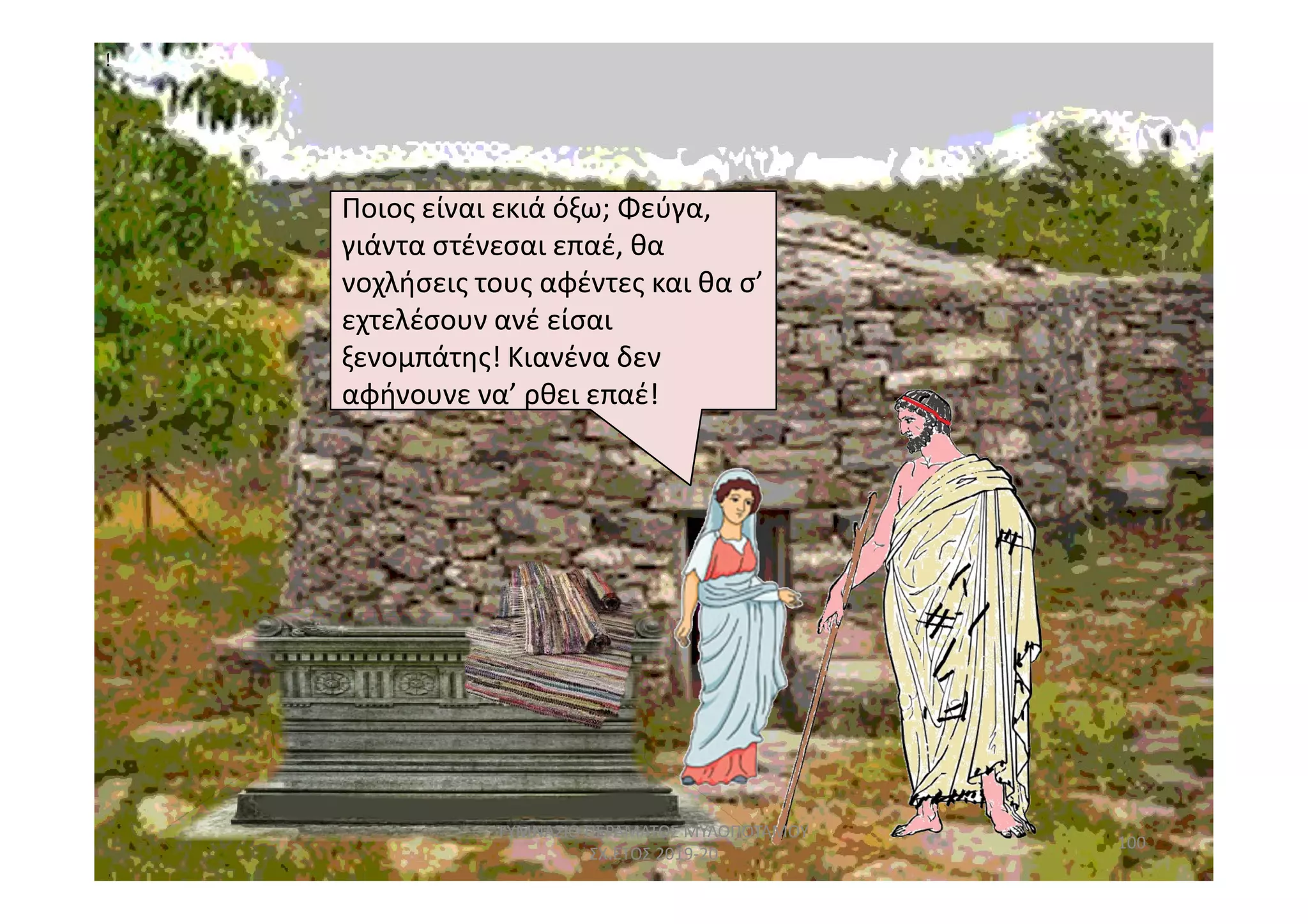 Ποιος είναι εκιά όξω; Φεύγα,
αφήνουνε να’ ρθει επαέ
Ποιος είναι εκιά όξω; Φεύγα,
γιάντα στένεσαι επαέ, θα
νοχλήσεις τους αφέντες και θα σ’
εχτελέσουν ανέ είσαι
ξενομπάτης! Κιανένα δεν
αφήνουνε να’ ρθει επαέ!
!!
100
ΓΥΜΝΑΣΙΟ ΠΕΡΑΜΑΤΟΣ ΜΥΛΟΠΟΤΑΜΟΥ
ΣΧ.ΕΤΟΣ 2019-20
 