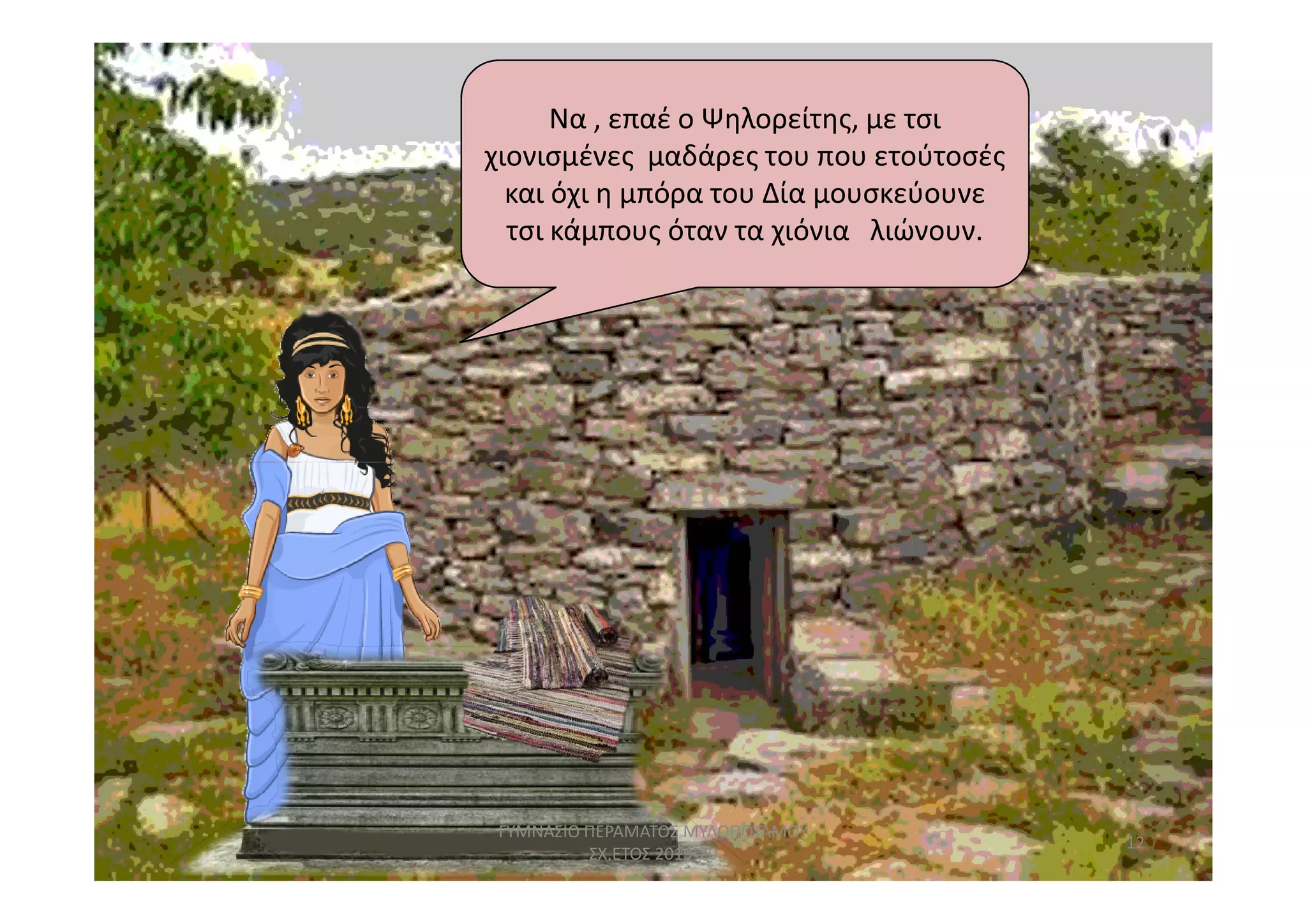 Να , επαέ ο Ψηλορείτης, με τσι
χιονισμένες μαδάρες του που ετούτοσές
και όχι η μπόρα του Δία μουσκεύουνε
τσι κάμπους όταν τα χιόνια λιώνουν.
12
ΓΥΜΝΑΣΙΟ ΠΕΡΑΜΑΤΟΣ ΜΥΛΟΠΟΤΑΜΟΥ
ΣΧ.ΕΤΟΣ 2019-20
 