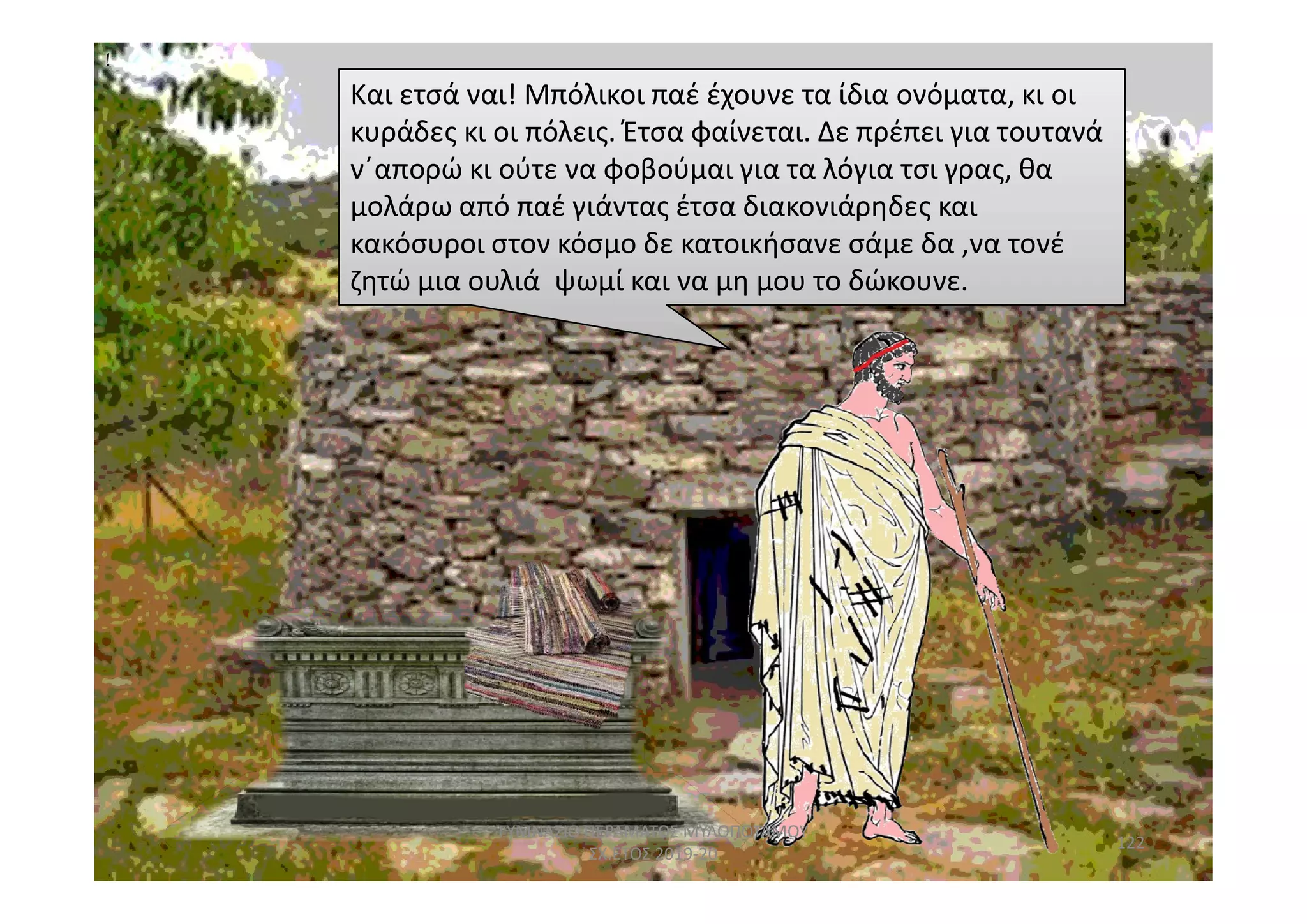 Και ετσά ναι! Μπόλικοι παέ έχουνε τα ίδια ονόματα, κι οι
κυράδες κι οι πόλεις. Έτσα φαίνεται. Δε πρέπει για τουτανά
ν΄απορώ κι ούτε να φοβούμαι για τα λόγια τσι γρας, θα
μολάρω από παέ γιάντας έτσα διακονιάρηδες και
κακόσυροι στον κόσμο δε κατοικήσανε σάμε δα ,να τονέ
ζητώ μια ουλιά ψωμί και να μη μου το δώκουνε.
!!
122
ΓΥΜΝΑΣΙΟ ΠΕΡΑΜΑΤΟΣ ΜΥΛΟΠΟΤΑΜΟΥ
ΣΧ.ΕΤΟΣ 2019-20
 