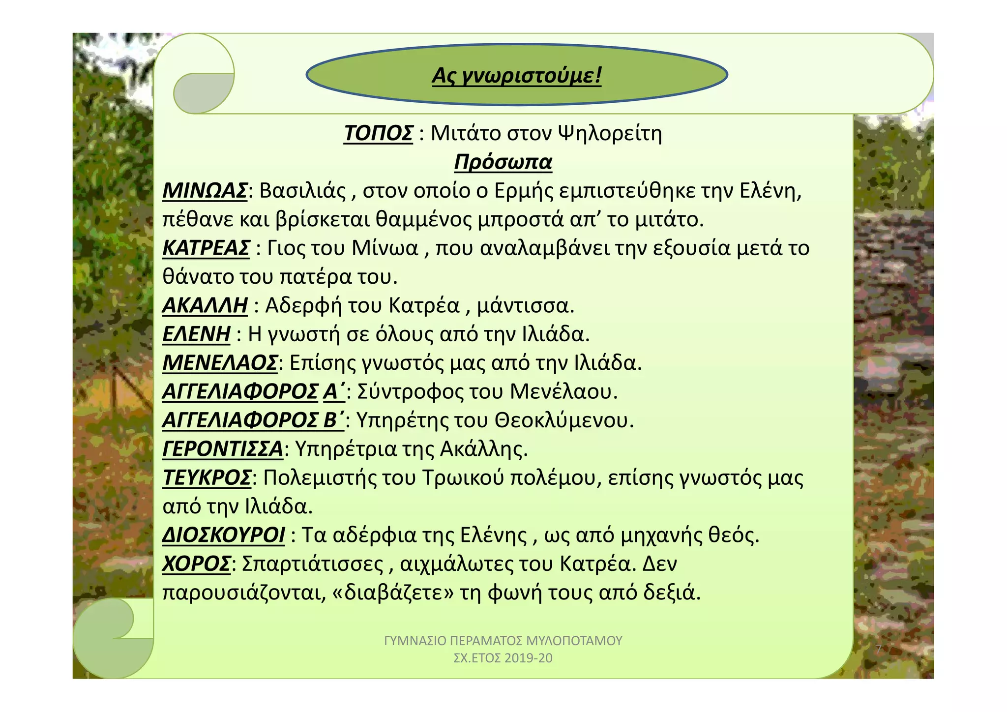 ΤΟΠΟΣ : Μιτάτο στον Ψηλορείτη
Πρόσωπα
ΜΙΝΩΑΣ: Βασιλιάς , στον οποίο ο Ερμής εμπιστεύθηκε την Ελένη,
πέθανε και βρίσκεται θαμμένος μπροστά απ’ το μιτάτο.
ΚΑΤΡΕΑΣ : Γιος του Μίνωα , που αναλαμβάνει την εξουσία μετά το
θάνατο του πατέρα του.
ΑΚΑΛΛΗ : Αδερφή του Κατρέα , μάντισσα.
ΕΛΕΝΗ : Η γνωστή σε όλους από την Ιλιάδα.
ΜΕΝΕΛΑΟΣ: Επίσης γνωστός μας από την Ιλιάδα.
Ας γνωριστούμε!
ΜΕΝΕΛΑΟΣ: Επίσης γνωστός μας από την Ιλιάδα.
ΑΓΓΕΛΙΑΦΟΡΟΣ Α΄: Σύντροφος του Μενέλαου.
ΑΓΓΕΛΙΑΦΟΡΟΣ Β΄: Υπηρέτης του Θεοκλύμενου.
ΓΕΡΟΝΤΙΣΣΑ: Υπηρέτρια της Ακάλλης.
ΤΕΥΚΡΟΣ: Πολεμιστής του Τρωικού πολέμου, επίσης γνωστός μας
από την Ιλιάδα.
ΔΙΟΣΚΟΥΡΟΙ : Τα αδέρφια της Ελένης , ως από μηχανής θεός.
ΧΟΡΟΣ: Σπαρτιάτισσες , αιχμάλωτες του Κατρέα. Δεν
παρουσιάζονται, «διαβάζετε» τη φωνή τους από δεξιά.
7
ΓΥΜΝΑΣΙΟ ΠΕΡΑΜΑΤΟΣ ΜΥΛΟΠΟΤΑΜΟΥ
ΣΧ.ΕΤΟΣ 2019-20
 