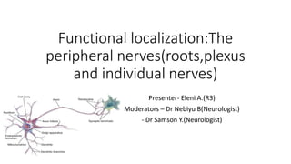 Functional localization:The
peripheral nerves(roots,plexus
and individual nerves)
Presenter- Eleni A.(R3)
Moderators – Dr Nebiyu B(Neurologist)
- Dr Samson Y.(Neurologist)
 