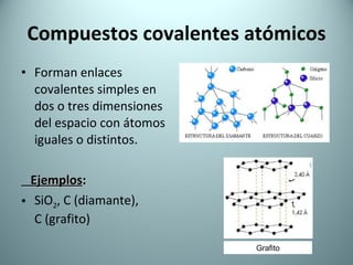 Compuestos covalentes atómicos Forman enlaces covalentes simples en dos o tres dimensiones del espacio con átomos iguales o distintos. Ejemplos : SiO 2 , C (diamante),  C (grafito) Grafito 