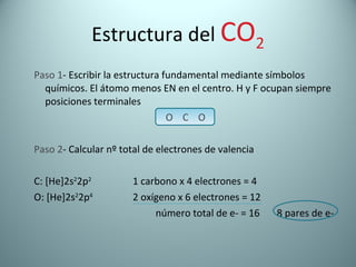 Estructura del  CO 2 Paso 1 - Escribir la estructura fundamental mediante símbolos químicos. El átomo menos EN en el centro. H y F ocupan siempre posiciones terminales O  C  O Paso 2 - Calcular nº total de electrones de valencia C: [He]2s 2 2p 2   1 carbono x 4 electrones = 4 O: [He]2s 2 2p 4   2 oxígeno x 6 electrones = 12 número total de e- = 16  8 pares de e- 