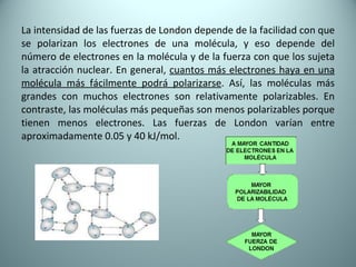 La intensidad de las fuerzas de London depende de la facilidad con que se polarizan los electrones de una molécula, y eso depende del número de electrones en la molécula y de la fuerza con que los sujeta la atracción nuclear. En general,  cuantos más electrones haya en una molécula más fácilmente podrá polarizarse . Así, las moléculas más grandes con muchos electrones son relativamente polarizables. En contraste, las moléculas más pequeñas son menos polarizables porque tienen menos electrones. Las fuerzas de London varían entre aproximadamente 0.05 y 40 kJ/mol. 