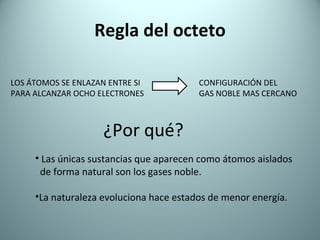 Regla del octeto LOS ÁTOMOS SE ENLAZAN ENTRE SI PARA ALCANZAR OCHO ELECTRONES CONFIGURACIÓN DEL  GAS NOBLE MAS CERCANO ¿Por qué? Las únicas sustancias que aparecen como átomos aislados  de forma natural son los gases noble. La naturaleza evoluciona hace estados de menor energía. 