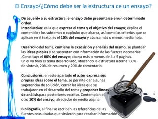 El Ensayo/¿Cómo debe ser la estructura de un ensayo?  De acuerdo a su estructura, el ensayo debe presentarse en un determinado orden. Introducción : es la que  expresa el tema y el objetivo del ensayo ; explica el contenido y los subtemas o capítulos que abarca, así como los criterios que se aplican en el texto, es el  10% del ensayo  y abarca más o menos media hoja.  Desarrollo  del tema,  contiene la exposición y análisis del mismo,  se plantean las  ideas propias  y se sustentan con información de las fuentes necesarias: .Constituye el  80% del ensayo ; abarca más o menos de 4 a 5 páginas.  En él va todo el tema desarrollado, utilizando la estructura interna: 60%  de síntesis, 20% de resumen y 20% de comentario. Conclusiones , en este apartado  el autor expresa sus  propias ideas sobre el tema , se permite dar algunas  sugerencias de solución, cerrar las ideas que se  trabajaron en el desarrollo del tema y  proponer líneas  de análisis  para posteriores escritos. Contemplan el  otro  10% del ensayo , alrededor de media página  Bibliografía , al final se escriben las referencias de las  fuentes consultadas que sirvieron para recabar información . 