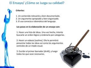 Criterios: 1. Un contenido relevante y bien documentado. 2. Un argumento apropiado y bien organizado. 3. El uso correcto e idiomático del lenguaje. Los pasos en la elaboración de un ensayo son: 1. Hacer una lista de ideas. Una vez hecha, intente buscarle un orden lógico y  ordenarla por categorías. 2. Hacer un esbozo [outline]. Ello le permitirá presentar todas las ideas así como los  argumentos centrales de un modo visual. 3. Escribir el primer borrador [draft], y luego  todos los que sean necesarios. El Ensayo/ ¿Cómo se Juzga su calidad? 