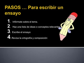 PASOS … Para escribir un ensayo1.   Infórmate sobre el tema.2.   Haz una lista de ideas o conceptos relevantes.3.  Escribe el ensayo4. Revisa la ortografía y composición