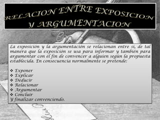 La exposición y la argumentación se relacionan entre si, de tal
manera que la exposición se usa para informar y también para
argumentar con el fin de convencer a alguien según la propuesta
establecida. En consecuencia normalmente se pretende:

 Exponer
 Explicar
 Deducir
 Relacionar
 Argumentar
 Concluir
Y finalizar convenciendo.
 