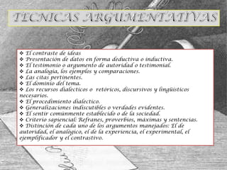  El contraste de ideas
 Presentación de datos en forma deductiva o inductiva.
 El testimonio o argumento de autoridad o testimonial.
 La analogía, los ejemplos y comparaciones.
 Las citas pertinentes.
 El dominio del tema.
 Los recursos dialecticos o retóricos, discursivos y lingüísticos
necesarios.
 El procedimiento dialectico.
 Generalizaciones indiscutibles o verdades evidentes.
 El sentir comúnmente establecido o de la sociedad.
 Criterio sapiencial: Refranes, proverbios, máximas y sentencias.
 Distinción de cada uno de los argumentos manejados: El de
autoridad, el analógico, el de la experiencia, el experimental, el
ejemplificador y el contrastivo.
 