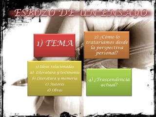 2) ¿Cómo lo
   1) TEMA                   trataríamos desde
                               la perspectiva
                                  personal?


  3) Ideas relacionadas
a) Literatura y testimonio
 b) Literatura y memoria     4) ¿Trascendencia
       c) Autores                  actual?
        d) Obras
 