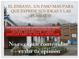 EL ENSAYO.. UN PASO MAS PARA
  QUE EXPRESE SUS IDEAS Y LAS
          PLASME !!!

UN ENSAYO ES UNA COLECCIÓN DE IDEAS
   CUYO OBJETIVO ES CONSIDERAR LA
    LECTURA, DESARROLLAR Y LUEGO
CONCLUIR SOBRE UN TEMA EN PARTICULAR
 