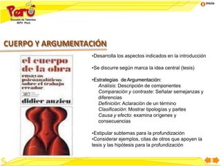 Inicio
CUERPO Y ARGUMENTACIÓN
•Desarrolla los aspectos indicados en la introducción
•Se discurre según marca la idea central (tesis)
•Estrategias deArgumentación:
Análisis: Descripción de componentes
Comparación y contraste: Señalar semejanzas y
diferencias
Definición: Aclaración de un término
Clasificación: Mostrar tipologías y partes
Causa y efecto: examina orígenes y
consecuencias
•Estipular subtemas para la profundización
•Considerar ejemplos, citas de otros que apoyen la
tesis y las hipótesis para la profundización
 