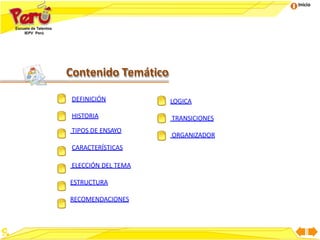Inicio
Contenido Temático
DEFINICIÓN
HISTORIA
TIPOS DE ENSAYO
CARACTERÍSTICAS
ELECCIÓN DEL TEMA
ESTRUCTURA
RECOMENDACIONES
LOGICA
TRANSICIONES
ORGANIZADOR
 