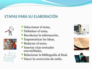 ETAPAS PARA SU ELABORACIÓN
Seleccionar el tema,
Delimitar el tema,
Recolectar la información,
Esquematizar las ideas,
Redactar el texto,
Insertar citas textuales
encomilladas,
Relacionar la bibliografía al final,
Hacer la corrección de estilo.