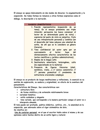 El ensayo se apoya básicamente en dos modos de discurso: la argumentación y la
exposición. De todas formas no renuncia a otras formas expresivas como el
diálogo, la descripción o la narración.
RASGOS LINGÜÍSTICOS
1. Función representativa (exposición de un
tema). En el ensayo predomina una triple
intención: persuasiva (se busca convencer al
lector de un determinado punto de vista) ;
expresiva (el punto de vista es subjetivo, fruto
de una interpretación personal) y estética (en
el desarrollo del tema subyace una voluntad de
estilo, de ahí que se le considere un género
literario).
2. Tono confidencial (el autor opta por un
acercamiento al lector; huye del
distanciamiento afectivo característico de los
textos científicos y jurídico-administrativos).
3. Empleo de la lengua culta
4. Destinatario minoritario, heterogéneo, culto
(no especializado en la materia)
5. Presencia de figuras literarias (símil,
metáfora, ironía...) // Léxico connotativo //
1ª persona gramatical // predominio de
estructuras oracionales complejas
El ensayo es un producto de largas meditaciones y reflexiones, lo esencial es su
sentido de exploración, su audacia y originalidad, es efecto de la aventura del
pensamiento.
Características del Ensayo. Sus características son:
 estructura libre
 de forma sintética y de extensión relativamente breve
 variedad temática
 estilo cuidadoso y elegante
 tono variado, que corresponde a la manera particular conque el autor ve e
interpreta almundo.
El tono puede ser profundo, poético didáctico, satírico, etc., la amenidad en la
exposición, que sobresale sobre el rigor sistemático de ésta.
Se clasifica en:
Uno de carácter personal, en el que el escritor habla sobre sí mismo y de sus
opiniones sobre hechos dentro de un estilo ligero y natural.
 